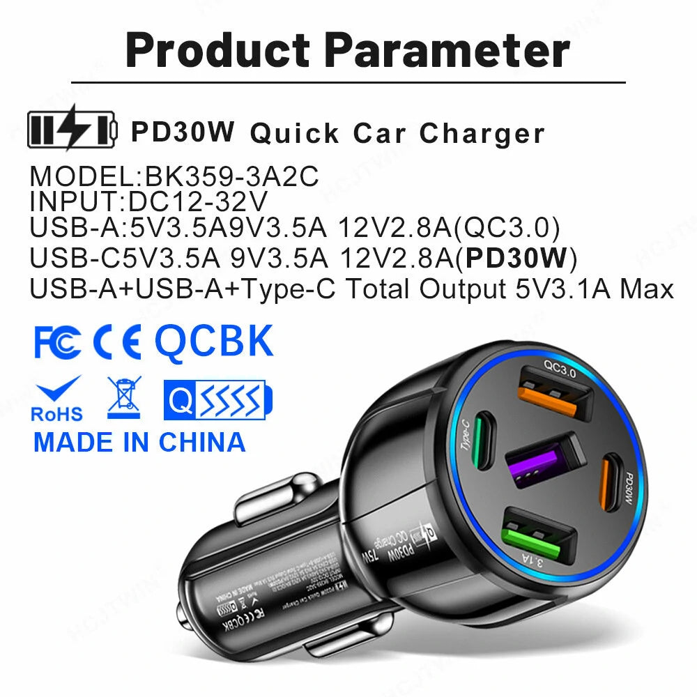 75W 5-Port USB PD Car Charger Adapter 3USB-A+2USB-C PD QC3.0 Fast Charging for iPhone 15 15 Plus 15Pro 15Pro Max for Huawei Mate60 Pro for Samsung Galaxy Z Flip4 for Xiaomi 13pro