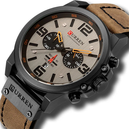 CURREN Men Sport Watch Leather Strap Quartz Watch 30M Waterproof Male Wrist Watch Multi-function Chronograph Watch