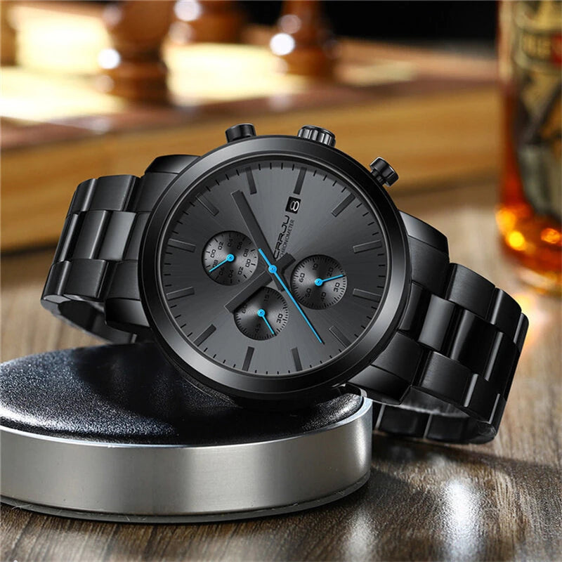 CRRJU Mens Chronograph Watch, Stainless Steel Strap Men Watch, Fashion Waterproof Black Wristwatch with a Box Male Ideal Choice for Gifts