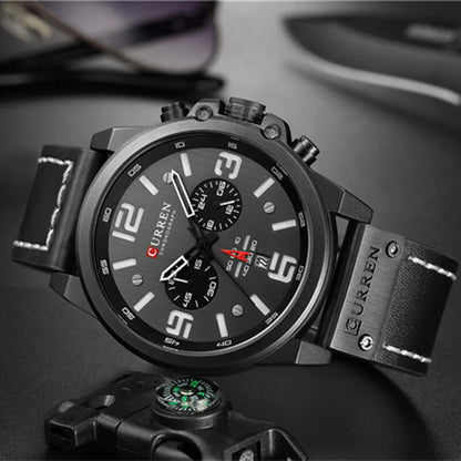 CURREN Men Sport Watch Leather Strap Quartz Watch 30M Waterproof Male Wrist Watch Multi-function Chronograph Watch