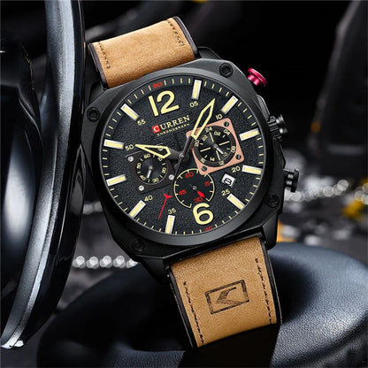 CURREN Men Sports Watches Multi-function Chronograph Quartz Watch Luminous Waterproof Calendar Wristwatch