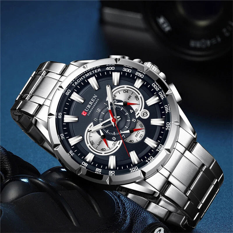 CURREN Men Watch Chronograph Quartz Wristwatch Waterproof Stainless Steel Sports Watches for Men Analog Calendar Wrist Watch