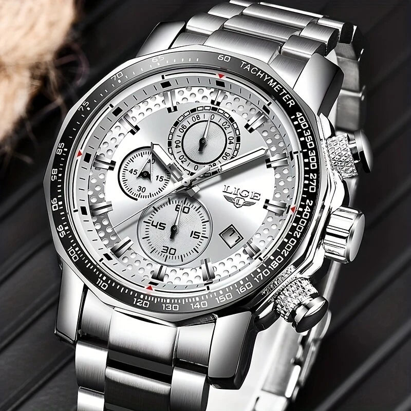 LIGE Men's Sport Watches Big Dial Chronograph Watches Multifunctional Business Casual Quartz Watch Mens Waterproof Chronograph Wristwatches