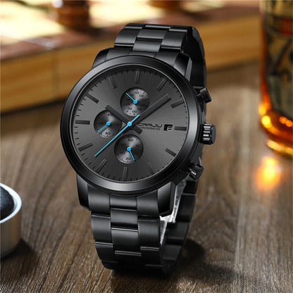 CRRJU Mens Chronograph Watch, Stainless Steel Strap Men Watch, Fashion Waterproof Black Wristwatch with a Box Male Ideal Choice for Gifts