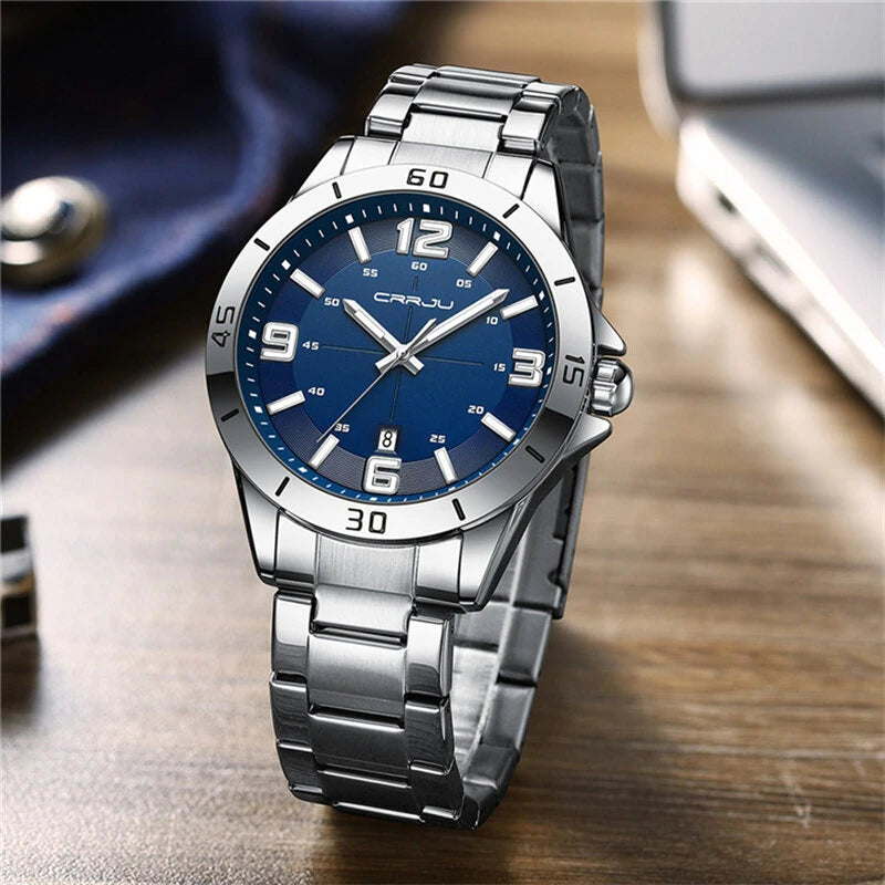 CRRJU Luxury Men's Business Watches Fashion Stainless Steel Quartz Watches Auto Date Luminous Steel Bracelet Wristwatch