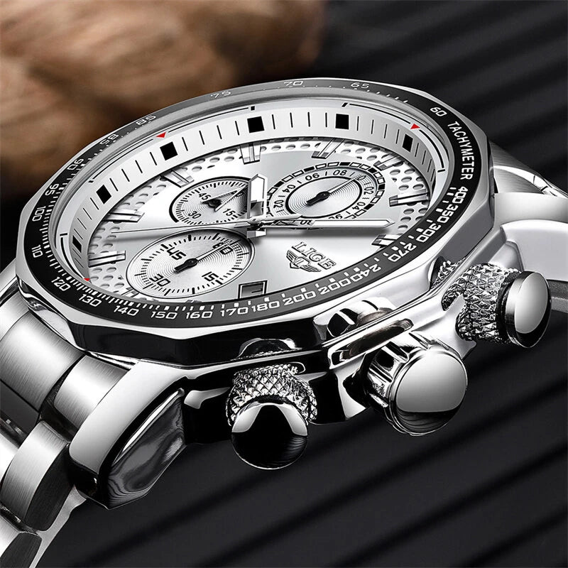 LIGE Men's Sport Watches Big Dial Chronograph Watches Multifunctional Business Casual Quartz Watch Mens Waterproof Chronograph Wristwatches