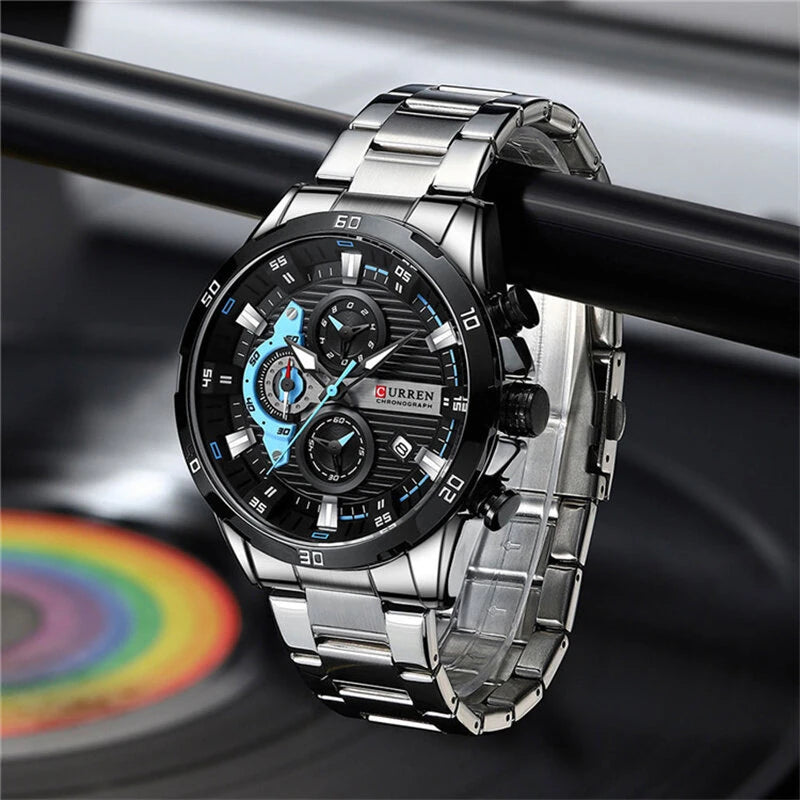 CURREN Fashion Men Stainless Steel Strap Quartz Watch Multi-function Chronograph Waterproof Wristwatch Fine Business Casual Men's Watches