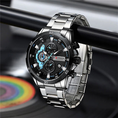 CURREN Fashion Men Stainless Steel Strap Quartz Watch Multi-function Chronograph Waterproof Wristwatch Fine Business Casual Men's Watches