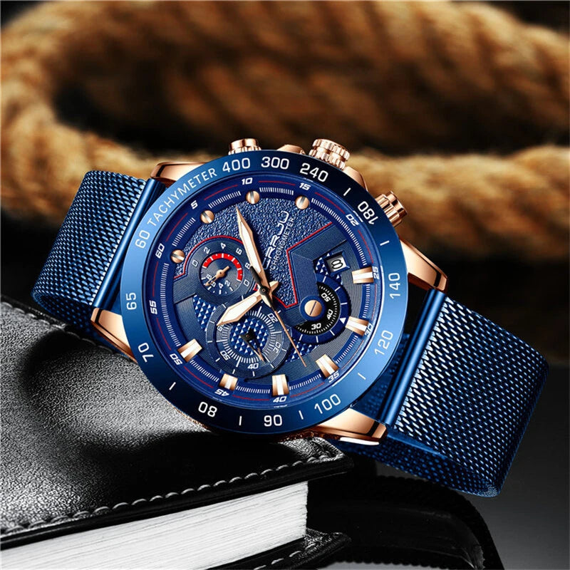 CRRJU Mens Multi-function Six-hand Chronograph Watch Fashion Sport Watches with Date Display Waterproof Quartz Wristwatches Men Watches