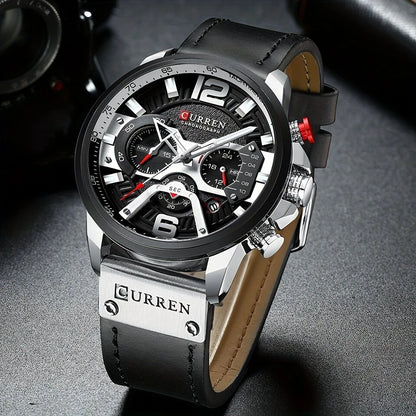 CURREN Chronograph Men Watch Casual Sports Fashion Calendar Analog Genuine Leather Wrist Watch