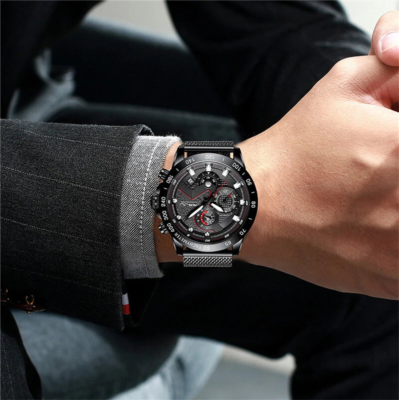 CRRJU Mens Multi-function Six-hand Chronograph Watch Fashion Sport Watches with Date Display Waterproof Quartz Wristwatches Men Watches