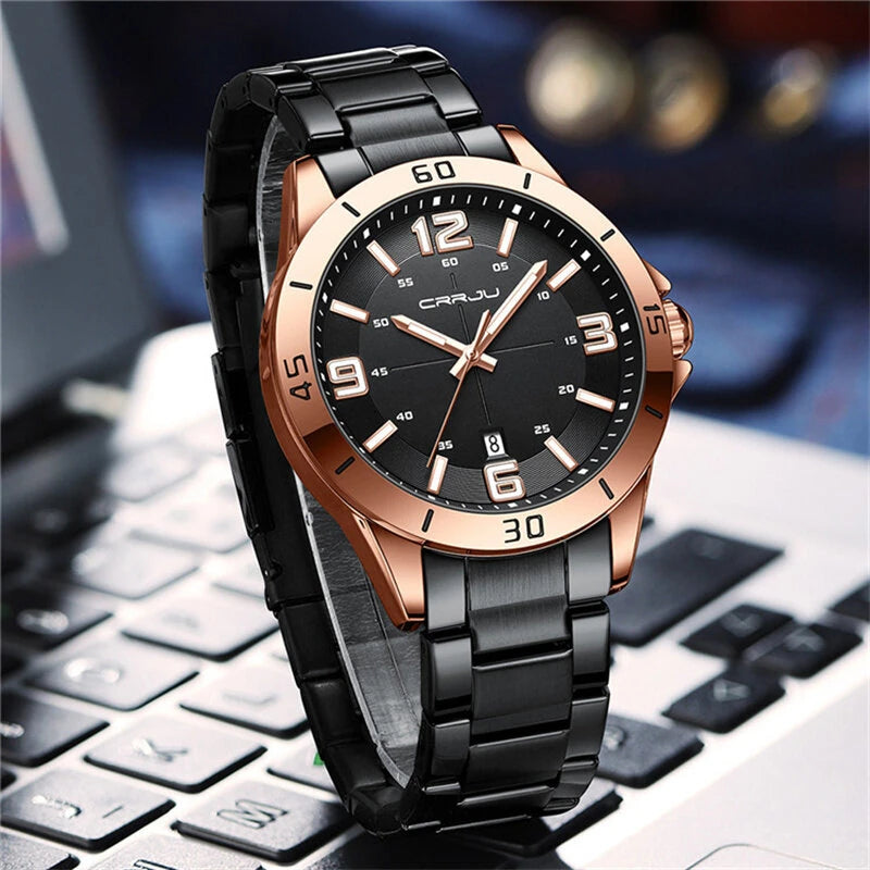 CRRJU Luxury Men's Business Watches Fashion Stainless Steel Quartz Watches Auto Date Luminous Steel Bracelet Wristwatch