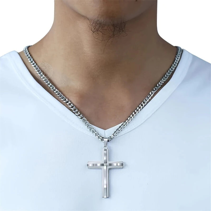 Cross Pendant Necklaces For Men Women Golden Silvery Stainless Steel Charm Chain Male Hip Hop Jewelry