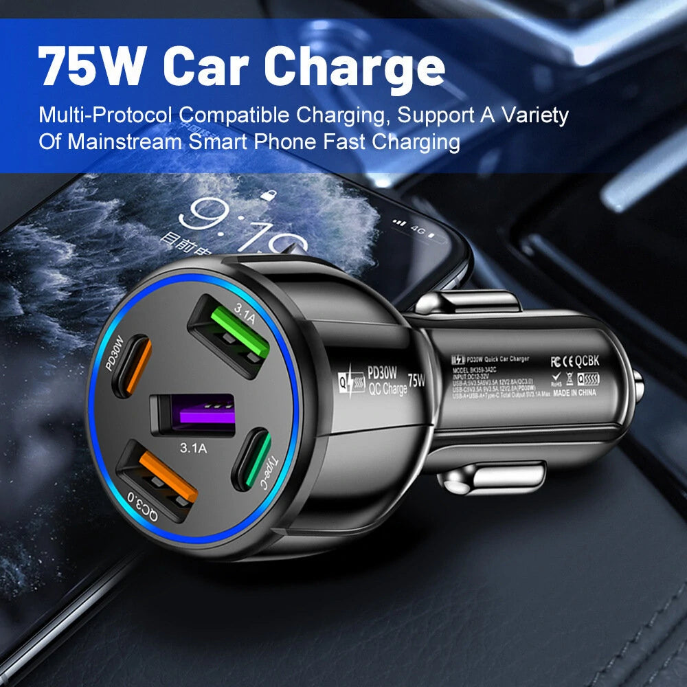 75W 5-Port USB PD Car Charger Adapter 3USB-A+2USB-C PD QC3.0 Fast Charging for iPhone 15 15 Plus 15Pro 15Pro Max for Huawei Mate60 Pro for Samsung Galaxy Z Flip4 for Xiaomi 13pro