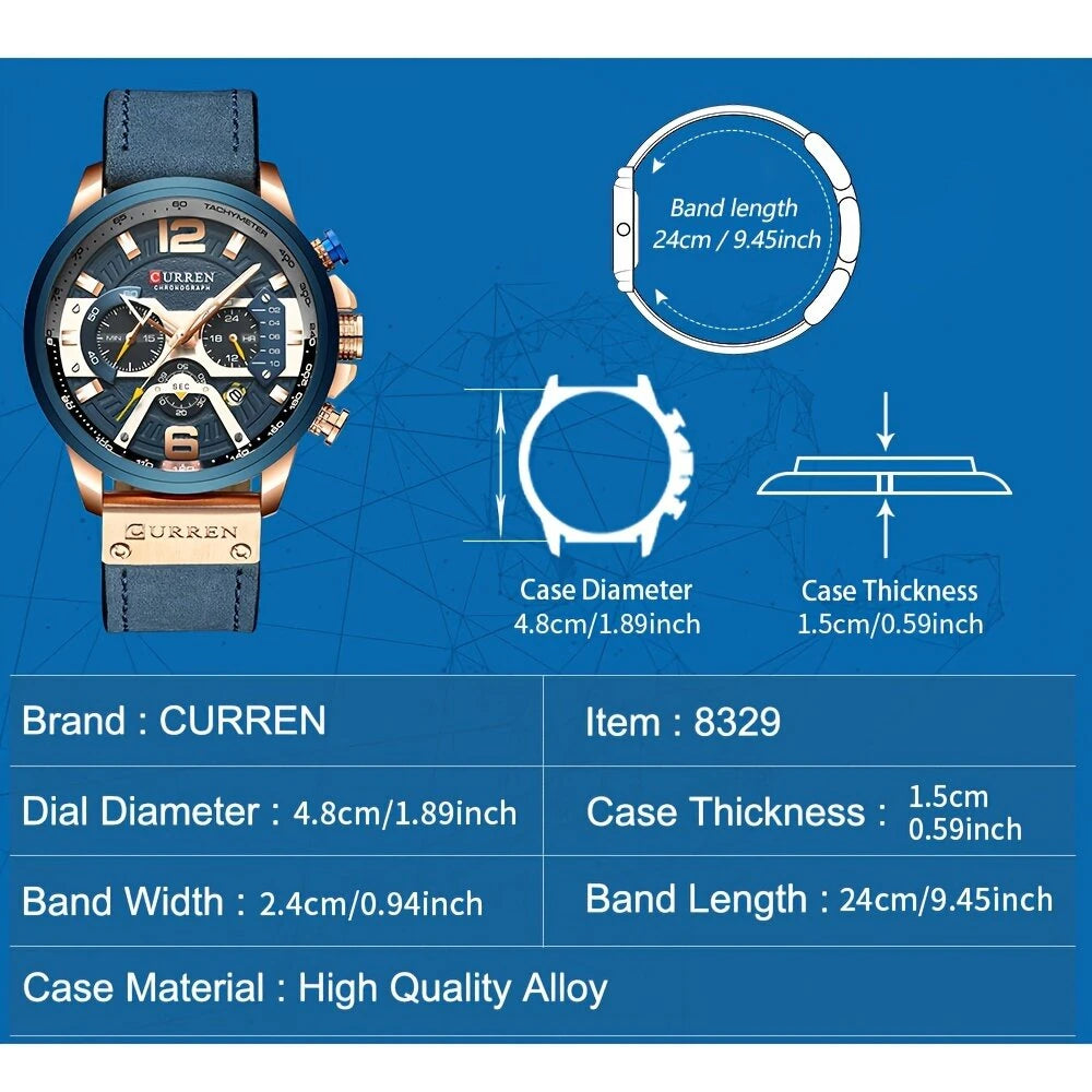 CURREN Chronograph Men Watch Casual Sports Fashion Calendar Analog Genuine Leather Wrist Watch