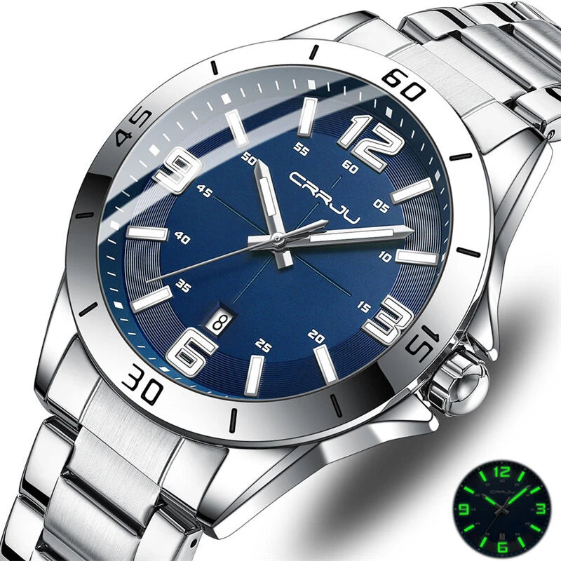 CRRJU Luxury Men's Business Watches Fashion Stainless Steel Quartz Watches Auto Date Luminous Steel Bracelet Wristwatch