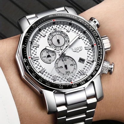 LIGE Men's Sport Watches Big Dial Chronograph Watches Multifunctional Business Casual Quartz Watch Mens Waterproof Chronograph Wristwatches