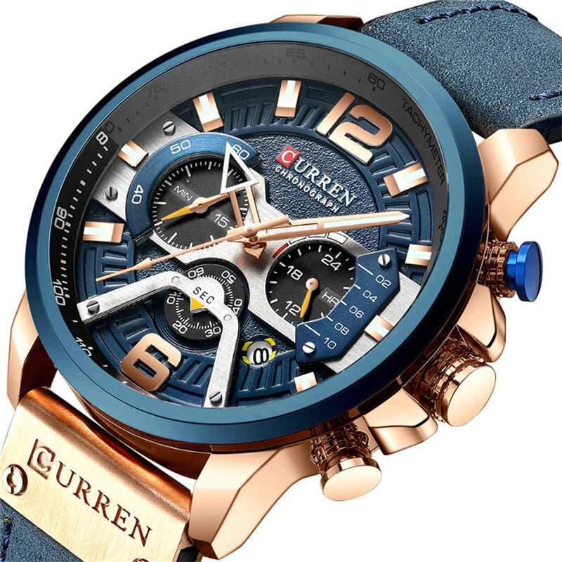 CURREN Chronograph Men Watch Casual Sports Fashion Calendar Analog Genuine Leather Wrist Watch