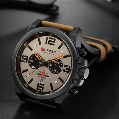 CURREN Men Sport Watch Leather Strap Quartz Watch 30M Waterproof Male Wrist Watch Multi-function Chronograph Watch