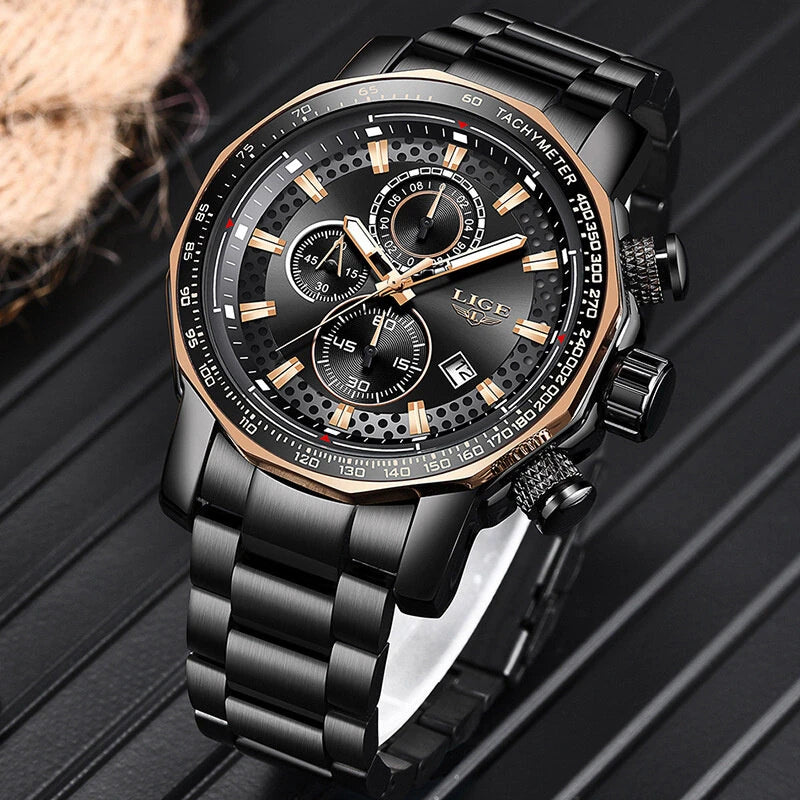 LIGE Men's Sport Watches Big Dial Chronograph Watches Multifunctional Business Casual Quartz Watch Mens Waterproof Chronograph Wristwatches