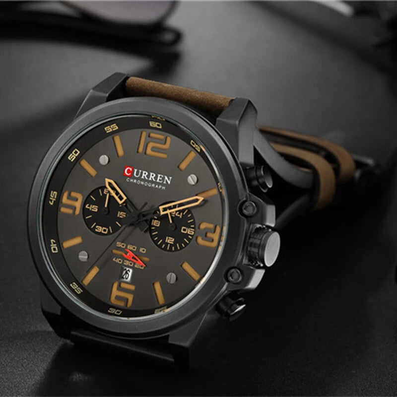 CURREN Men Sport Watch Leather Strap Quartz Watch 30M Waterproof Male Wrist Watch Multi-function Chronograph Watch