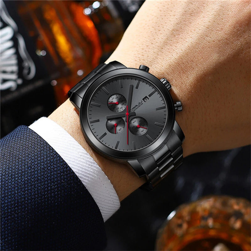 CRRJU Mens Chronograph Watch, Stainless Steel Strap Men Watch, Fashion Waterproof Black Wristwatch with a Box Male Ideal Choice for Gifts