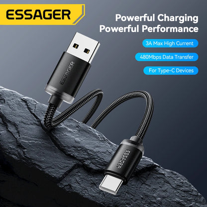 ESSAGER ES-X60 3A USB-A to Type-C Cable QC3.0 AFC FCP Fast Charging Data Transmission Copper Core Line 1M/2M Long for iPhone 16 15 15 Plus for Huawei Mate XT for Samsung Galaxy Z Flip6 for Xiaomi MIX Fold4