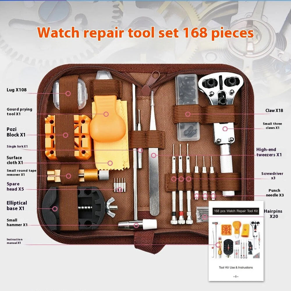 168pcs in 1 Watch Repair Kit, Case Remover Opener Bar Set, Watch Strap Link Needle Tool Set Watch Battery Replacement Tool Kit