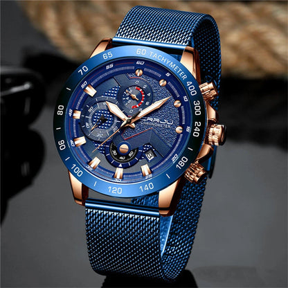 CRRJU Mens Multi-function Six-hand Chronograph Watch Fashion Sport Watches with Date Display Waterproof Quartz Wristwatches Men Watches