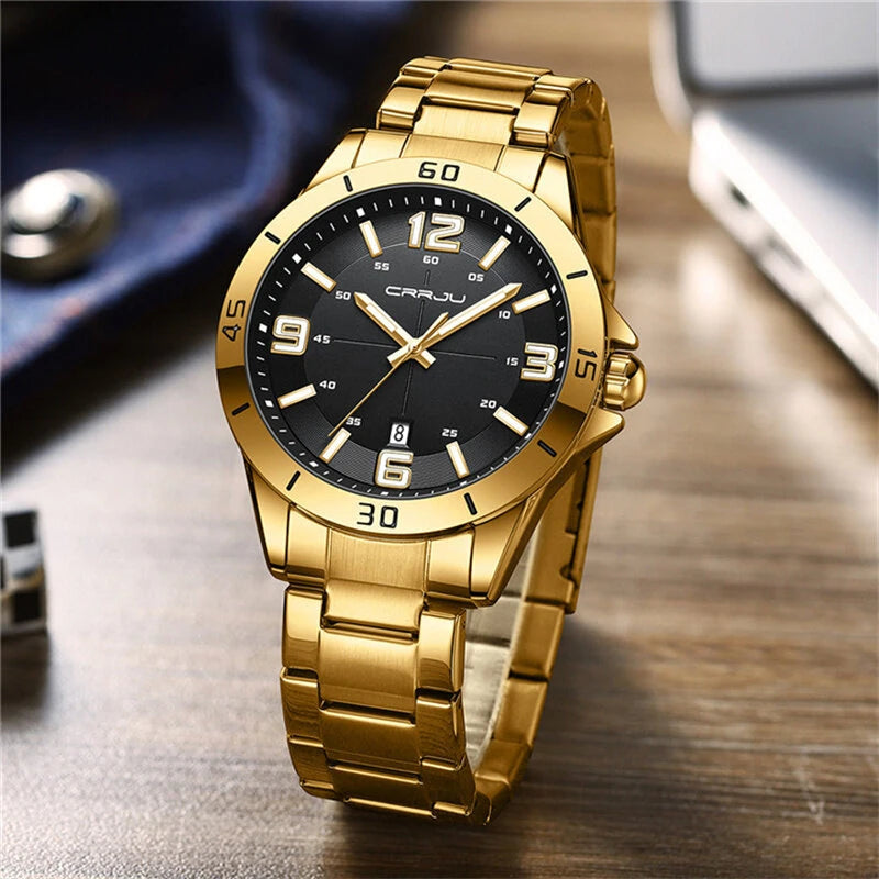 CRRJU Luxury Men's Business Watches Fashion Stainless Steel Quartz Watches Auto Date Luminous Steel Bracelet Wristwatch